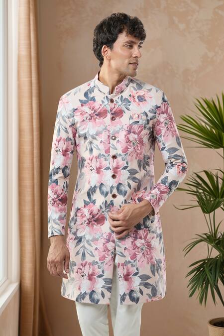 Shop_Arihant Rai Sinha_Peach Floral Print Sherwani And White Pollo Pant 