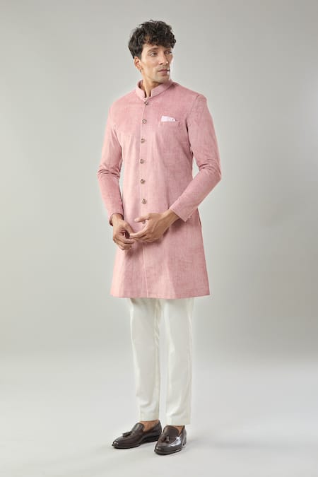 Arihant Rai Sinha Pink Swad Velvet Semi Indo Sherwani Set 