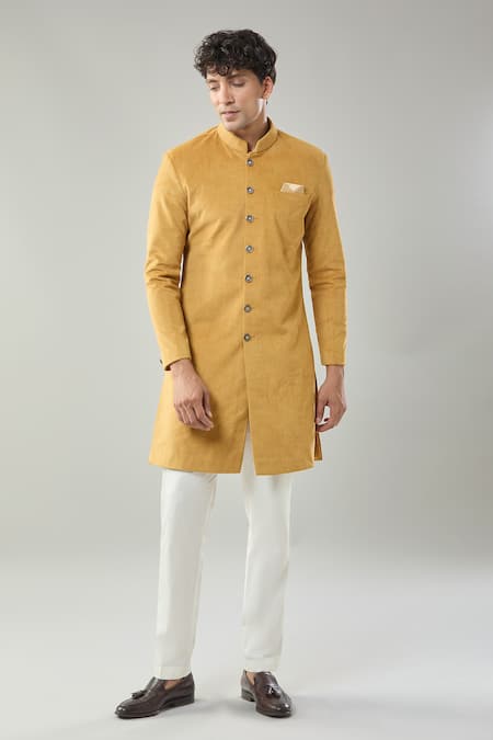 Arihant Rai Sinha Yellow Swad Velvet Sherwani & White Pollo Pant 