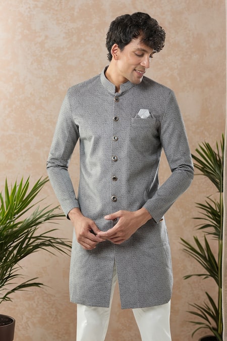 Buy_Arihant Rai Sinha_Gray Grey Swad Velvet Semi Indo Sherwani Set 