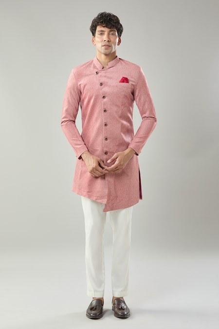 Arihant Rai Sinha Red Swad Velvet Semi Indo Sherwani Set 