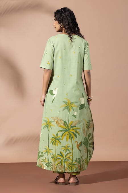 Shop Thee Modern Roots Green Cotton Embroidery Round Neck Forest Moss Kurta Set at Aza Fashions Shop_Thee Modern Roots_Green Cotton Embroidery Round Neck Forest Moss Kurta Set _at_Aza_Fashions