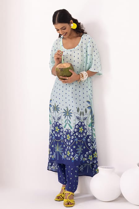 Shop Thee Modern Roots Sky Blue Muslin, Bamboo Round Neck Printed Kurta Set Online at Aza Fashions Shop_Thee Modern Roots_Sky Blue Muslin, Bamboo Round Neck Printed Kurta Set _Online_at_Aza_Fashions