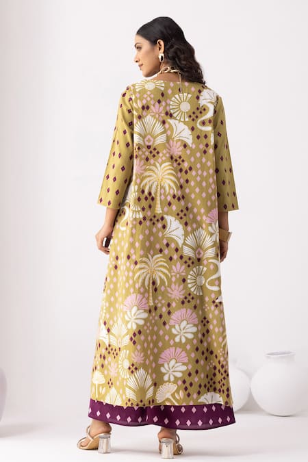 Shop Thee Modern Roots Beige Cotton V-neck Desert Palm Printed Kurta Set at Aza Fashions Shop_Thee Modern Roots_Beige Cotton V-neck Desert Palm Printed Kurta Set _at_Aza_Fashions