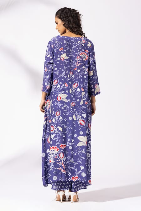 Shop Thee Modern Roots Blue Bamboo, Muslin V-neck Floral A-line Kurta Set at Aza Fashions Shop_Thee Modern Roots_Blue Bamboo, Muslin V-neck Floral A-line Kurta Set _at_Aza_Fashions