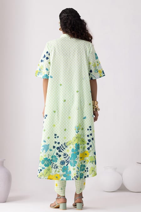 Shop Thee Modern Roots Green , Satin Mandarin Collar Checkered Neon Tunic Set at Aza Fashions Shop_Thee Modern Roots_Green , Satin Mandarin Collar Checkered Neon Tunic Set _at_Aza_Fashions