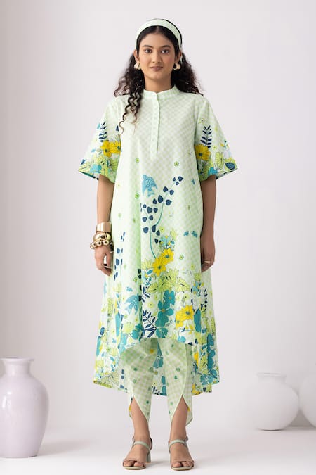 Buy Thee Modern Roots Green , Satin Mandarin Collar Checkered Neon Tunic Set Online at Aza Fashions Buy_Thee Modern Roots_Green , Satin Mandarin Collar Checkered Neon Tunic Set _Online_at_Aza_Fashions