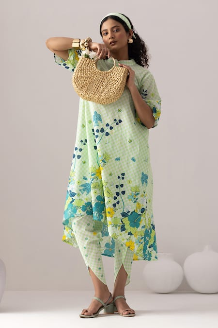 Thee Modern Roots Checkered Neon Green Tunic Set 