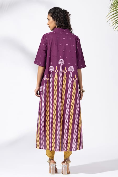 Shop Thee Modern Roots Purple Cotton Mandarin Collar Chevron Plum Tunic Set at Aza Fashions Shop_Thee Modern Roots_Purple Cotton Mandarin Collar Chevron Plum Tunic Set _at_Aza_Fashions