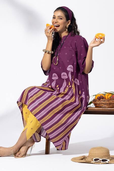 Buy Thee Modern Roots Purple Cotton Mandarin Collar Chevron Plum Tunic Set Online at Aza Fashions Buy_Thee Modern Roots_Purple Cotton Mandarin Collar Chevron Plum Tunic Set _Online_at_Aza_Fashions