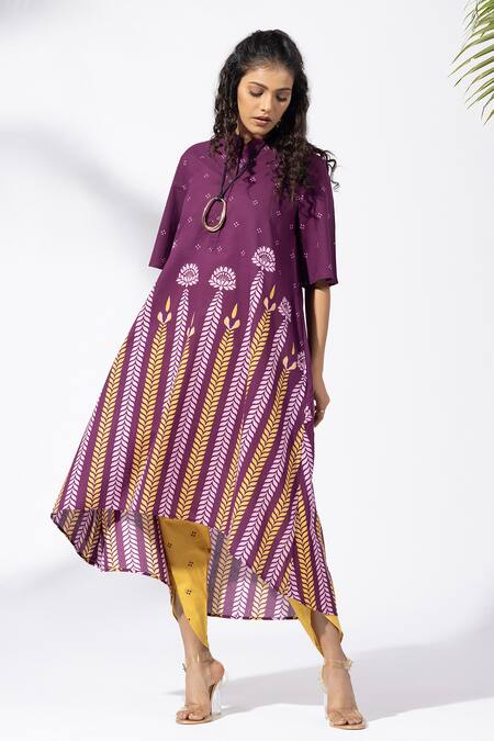 Shop Thee Modern Roots Purple Cotton Mandarin Collar Chevron Plum Tunic Set Online at Aza Fashions Shop_Thee Modern Roots_Purple Cotton Mandarin Collar Chevron Plum Tunic Set _Online_at_Aza_Fashions