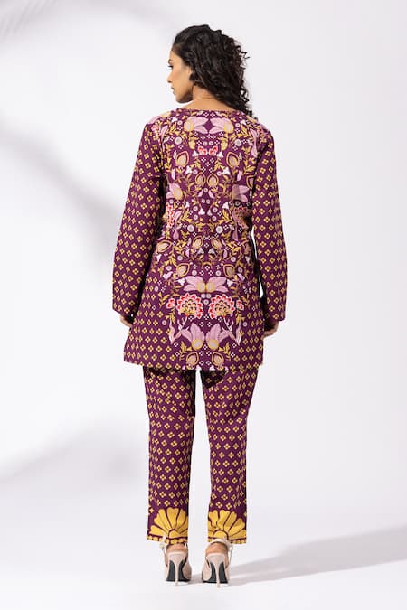 Shop Thee Modern Roots Purple Cotton Open Neck Plum Floral Printed Kurta Set at Aza Fashions Shop_Thee Modern Roots_Purple Cotton Open Neck Plum Floral Printed Kurta Set _at_Aza_Fashions