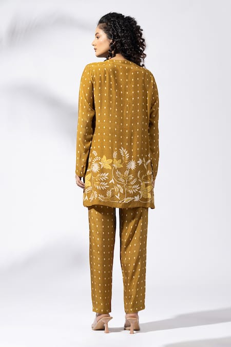 Shop_Thee Modern Roots_Yellow Muslin Embroidery Open Neck Earthy Bloom Kurta Set _at_Aza_Fashions