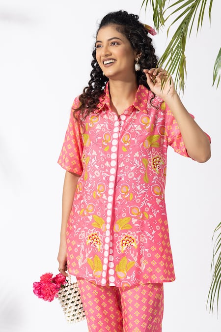 Shop_Thee Modern Roots_Coral Cotton Collared Print Co-ord Set 