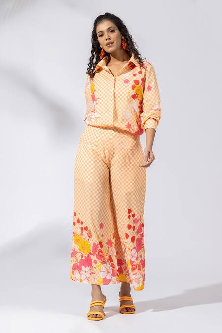 Buy Thee Modern Roots Pink Cotton Embroidery Collared Sundowner Checkered Co-ord Set Online at Aza Fashions Buy_Thee Modern Roots_Pink Cotton Embroidery Collared Sundowner Checkered Co-ord Set _Online_at_Aza_Fashions