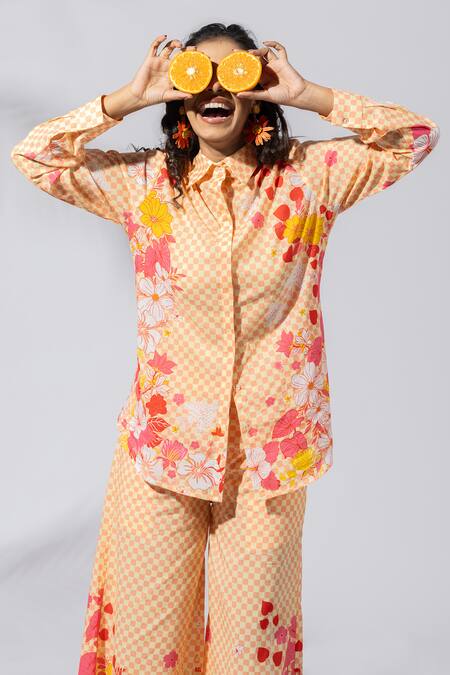 Thee Modern Roots Pink Cotton Embroidery Collared Sundowner Checkered Co-ord Set at Aza Fashions Thee Modern Roots_Pink Cotton Embroidery Collared Sundowner Checkered Co-ord Set _at_Aza_Fashions