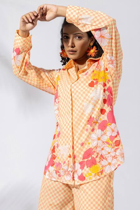 Buy Thee Modern Roots Pink Cotton Embroidery Collared Sundowner Checkered Co-ord Set Buy_Thee Modern Roots_Pink Cotton Embroidery Collared Sundowner Checkered Co-ord Set