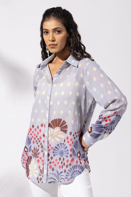 Shop Thee Modern Roots Lavender Cotton Collared Floral Cluster Shirt at Aza Fashions Shop_Thee Modern Roots_Lavender Cotton Collared Floral Cluster Shirt _at_Aza_Fashions