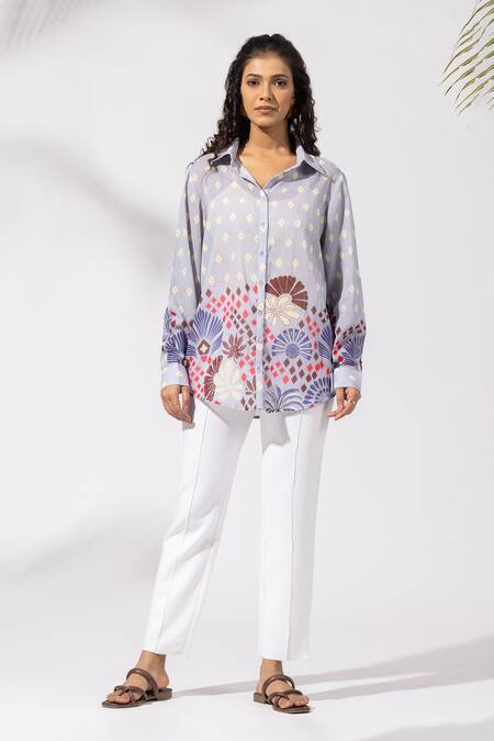 Thee Modern Roots Lavender Cotton Collared Floral Cluster Shirt Online at Aza Fashions Thee Modern Roots_Lavender Cotton Collared Floral Cluster Shirt _Online_at_Aza_Fashions