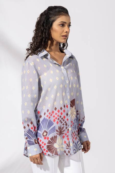 Shop Thee Modern Roots Lavender Cotton Collared Floral Cluster Shirt Online at Aza Fashions Shop_Thee Modern Roots_Lavender Cotton Collared Floral Cluster Shirt _Online_at_Aza_Fashions