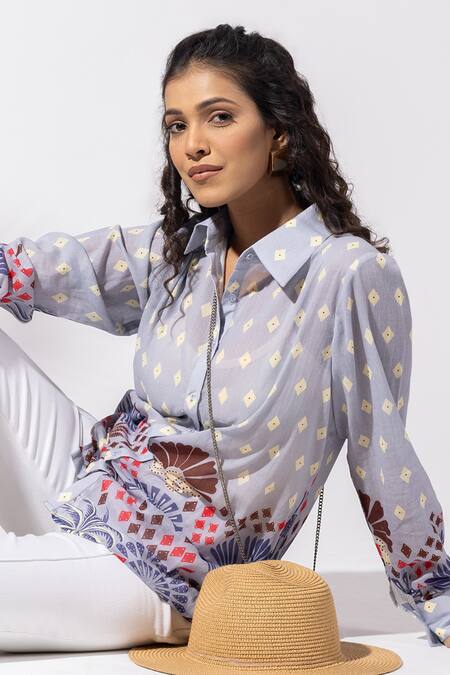 Thee Modern Roots Lavender Cotton Collared Floral Cluster Shirt at Aza Fashions Thee Modern Roots_Lavender Cotton Collared Floral Cluster Shirt _at_Aza_Fashions