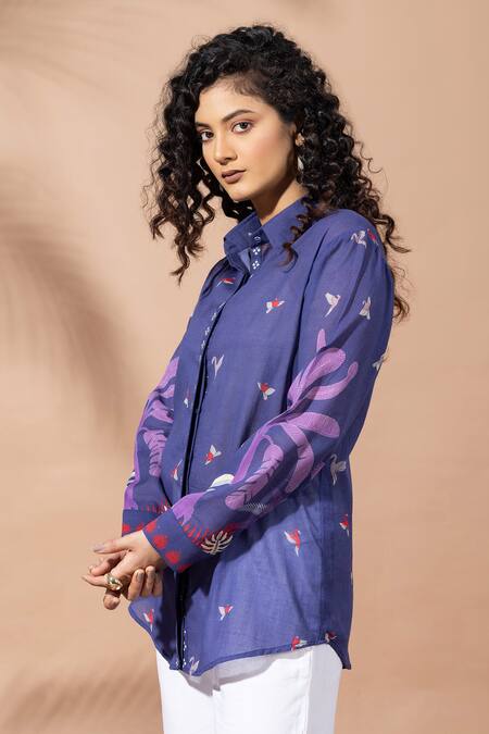 Thee Modern Roots Blue Cotton Collared Blooming Ink Shirt Online at Aza Fashions Thee Modern Roots_Blue Cotton Collared Blooming Ink Shirt _Online_at_Aza_Fashions