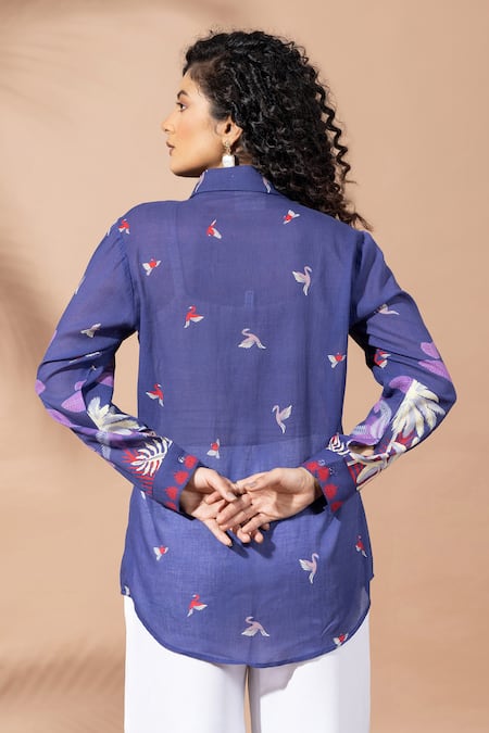 Shop Thee Modern Roots Blue Cotton Collared Blooming Ink Shirt at Aza Fashions Shop_Thee Modern Roots_Blue Cotton Collared Blooming Ink Shirt _at_Aza_Fashions