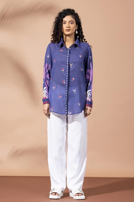Buy Thee Modern Roots Blue Cotton Collared Blooming Ink Shirt Online at Aza Fashions Buy_Thee Modern Roots_Blue Cotton Collared Blooming Ink Shirt _Online_at_Aza_Fashions