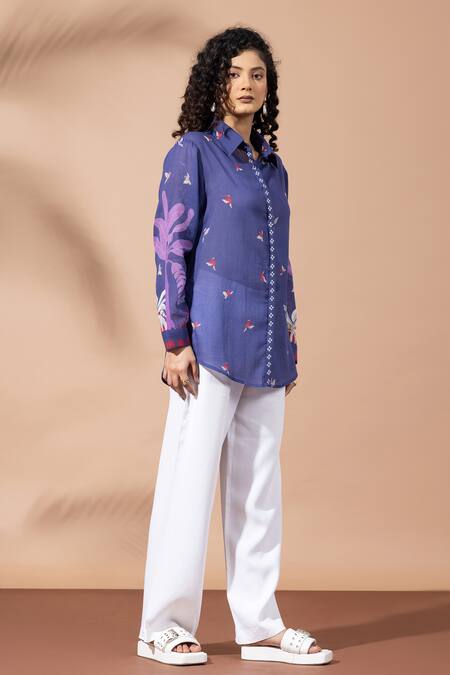 Shop Thee Modern Roots Blue Cotton Collared Blooming Ink Shirt Online at Aza Fashions Shop_Thee Modern Roots_Blue Cotton Collared Blooming Ink Shirt _Online_at_Aza_Fashions