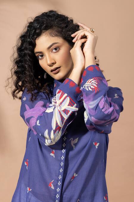 Thee Modern Roots Blue Cotton Collared Blooming Ink Shirt at Aza Fashions Thee Modern Roots_Blue Cotton Collared Blooming Ink Shirt _at_Aza_Fashions