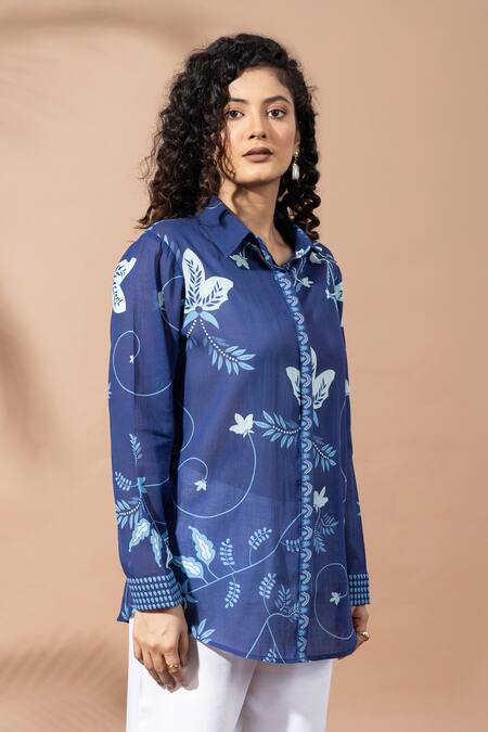 Buy Thee Modern Roots Navy Cotton Embroidery Collared Ink Blue Floral Print Shirt Online at Aza Fashions Buy_Thee Modern Roots_Navy Cotton Embroidery Collared Ink Blue Floral Print Shirt _Online_at_Aza_Fashions