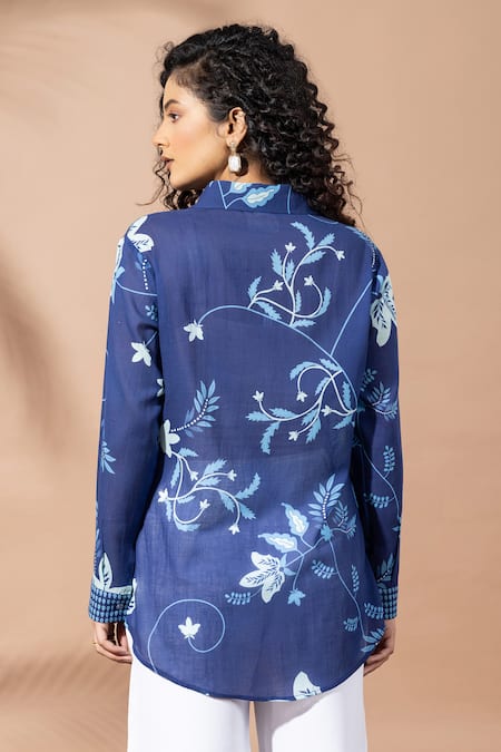 Shop Thee Modern Roots Navy Cotton Embroidery Collared Ink Blue Floral Print Shirt at Aza Fashions Shop_Thee Modern Roots_Navy Cotton Embroidery Collared Ink Blue Floral Print Shirt _at_Aza_Fashions