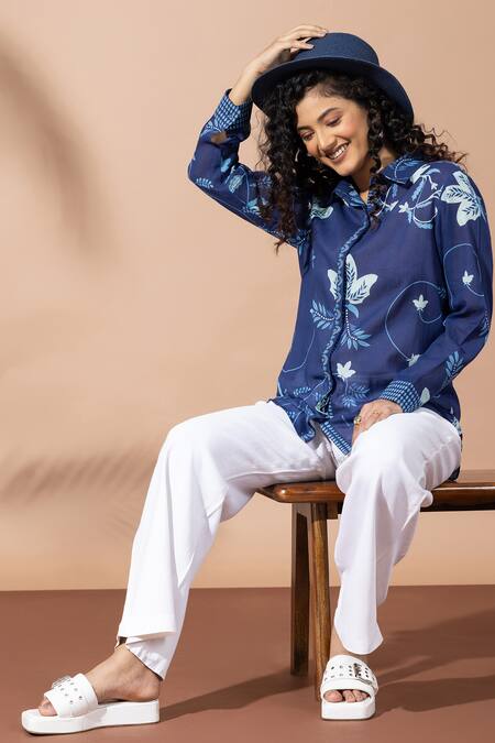 Shop Thee Modern Roots Navy Cotton Embroidery Collared Ink Blue Floral Print Shirt Online at Aza Fashions Shop_Thee Modern Roots_Navy Cotton Embroidery Collared Ink Blue Floral Print Shirt _Online_at_Aza_Fashions