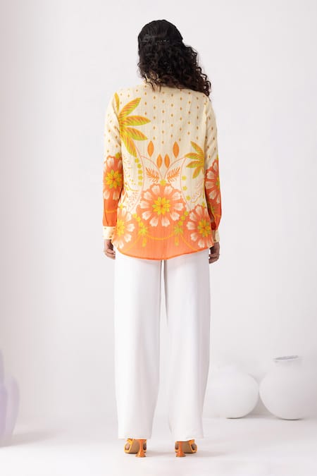 Shop Thee Modern Roots Yellow Cotton Collared Carnival Palm Bloom Shirt at Aza Fashions Shop_Thee Modern Roots_Yellow Cotton Collared Carnival Palm Bloom Shirt _at_Aza_Fashions