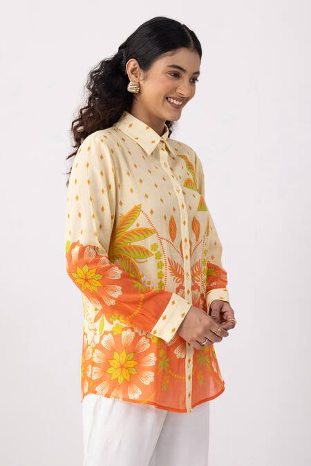 Thee Modern Roots Yellow Cotton Collared Carnival Palm Bloom Shirt Online at Aza Fashions Thee Modern Roots_Yellow Cotton Collared Carnival Palm Bloom Shirt _Online_at_Aza_Fashions