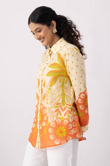 Buy Thee Modern Roots Yellow Cotton Collared Carnival Palm Bloom Shirt Online at Aza Fashions Buy_Thee Modern Roots_Yellow Cotton Collared Carnival Palm Bloom Shirt _Online_at_Aza_Fashions