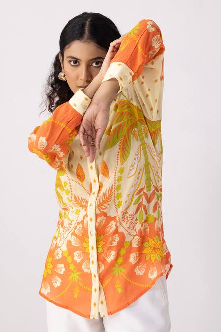 Shop Thee Modern Roots Yellow Cotton Collared Carnival Palm Bloom Shirt Online at Aza Fashions Shop_Thee Modern Roots_Yellow Cotton Collared Carnival Palm Bloom Shirt _Online_at_Aza_Fashions