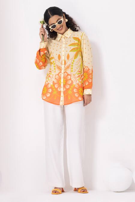 Thee Modern Roots Yellow Cotton Collared Carnival Palm Bloom Shirt at Aza Fashions Thee Modern Roots_Yellow Cotton Collared Carnival Palm Bloom Shirt _at_Aza_Fashions