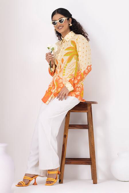 Buy Thee Modern Roots Yellow Cotton Collared Carnival Palm Bloom Shirt Buy_Thee Modern Roots_Yellow Cotton Collared Carnival Palm Bloom Shirt