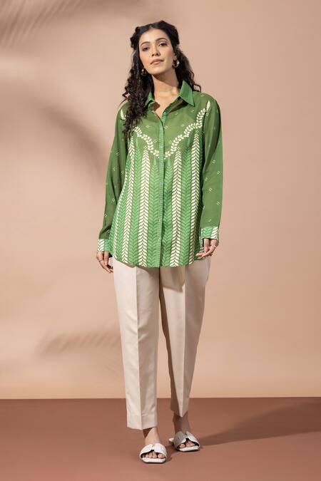 Buy Thee Modern Roots Green Cotton Collared Chevron Print Forest Shirt Online at Aza Fashions Buy_Thee Modern Roots_Green Cotton Collared Chevron Print Forest Shirt _Online_at_Aza_Fashions