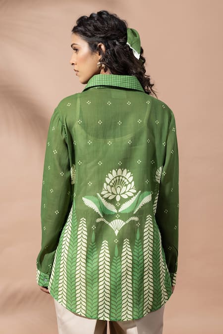 Shop Thee Modern Roots Green Cotton Collared Chevron Print Forest Shirt at Aza Fashions Shop_Thee Modern Roots_Green Cotton Collared Chevron Print Forest Shirt _at_Aza_Fashions
