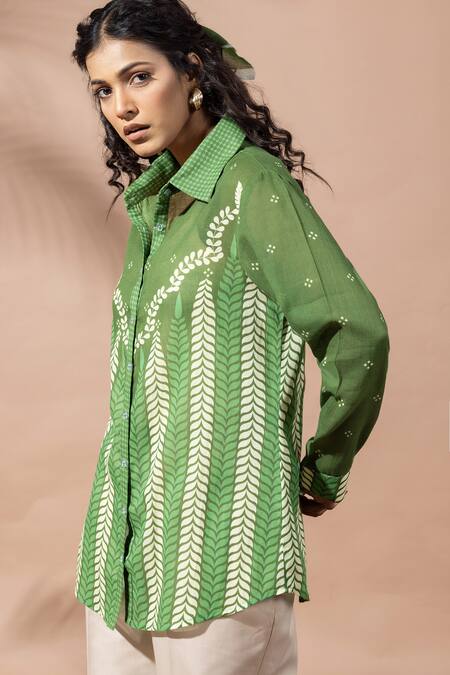 Shop Thee Modern Roots Green Cotton Collared Chevron Print Forest Shirt Online at Aza Fashions Shop_Thee Modern Roots_Green Cotton Collared Chevron Print Forest Shirt _Online_at_Aza_Fashions