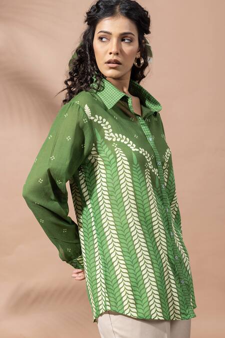Thee Modern Roots Green Cotton Collared Chevron Print Forest Shirt at Aza Fashions Thee Modern Roots_Green Cotton Collared Chevron Print Forest Shirt _at_Aza_Fashions