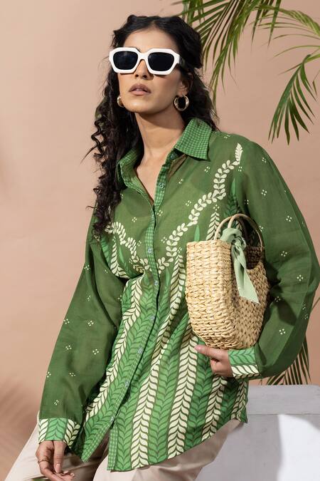 Buy Thee Modern Roots Green Cotton Collared Chevron Print Forest Shirt Buy_Thee Modern Roots_Green Cotton Collared Chevron Print Forest Shirt