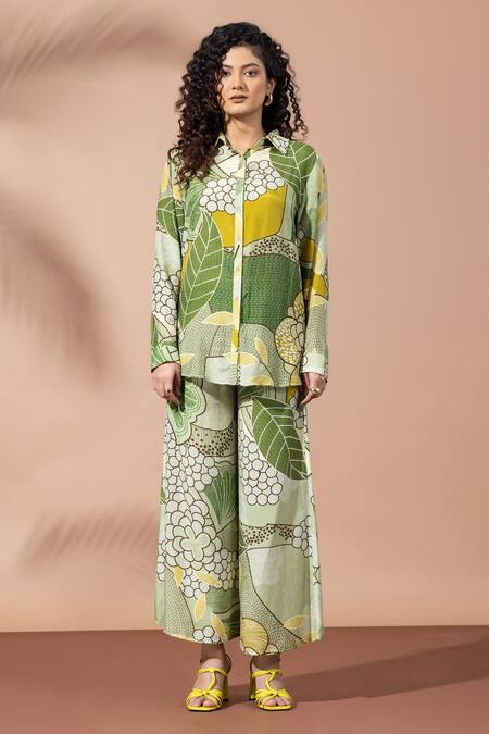 Shop Thee Modern Roots Olive Green Collared Blossom Comfort-fit Shirt Online at Aza Fashions Shop_Thee Modern Roots_Olive Green Collared Blossom Comfort-fit Shirt _Online_at_Aza_Fashions