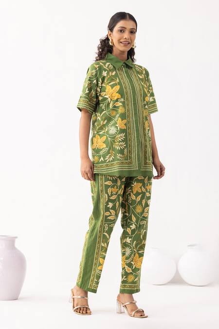 Shop Thee Modern Roots Green Cotton Embroidery Collared Floral Mystic Shirt Online at Aza Fashions Shop_Thee Modern Roots_Green Cotton Embroidery Collared Floral Mystic Shirt _Online_at_Aza_Fashions