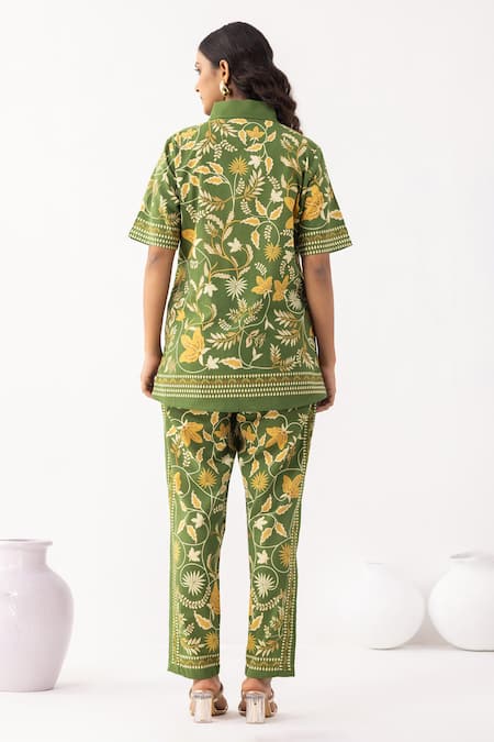 Shop Thee Modern Roots Green Cotton Embroidery Collared Floral Mystic Shirt at Aza Fashions Shop_Thee Modern Roots_Green Cotton Embroidery Collared Floral Mystic Shirt _at_Aza_Fashions