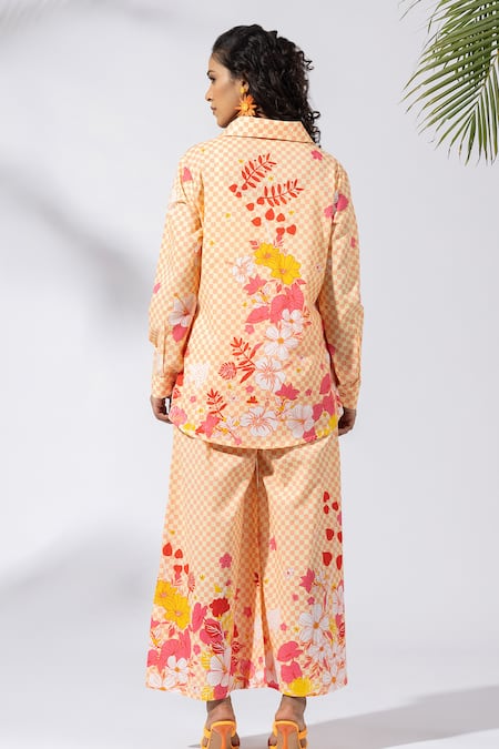 Shop Thee Modern Roots Pink Cotton Collared Checkered Sunset Shirt at Aza Fashions Shop_Thee Modern Roots_Pink Cotton Collared Checkered Sunset Shirt _at_Aza_Fashions