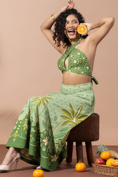 Thee Modern Roots Green Cotton Embroidery Halter Neck Olive Lusture Palms Skirt Set Online at Aza Fashions Thee Modern Roots_Green Cotton Embroidery Halter Neck Olive Lusture Palms Skirt Set _Online_at_Aza_Fashions