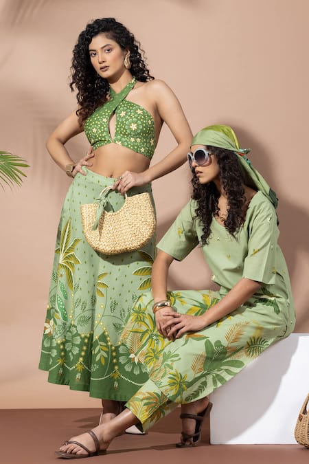 Buy Thee Modern Roots Green Cotton Embroidery Halter Neck Olive Lusture Palms Skirt Set Online at Aza Fashions Buy_Thee Modern Roots_Green Cotton Embroidery Halter Neck Olive Lusture Palms Skirt Set _Online_at_Aza_Fashions